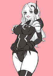 Rule 34 | 1girl, alternate costume, blush, bodysuit, breasts, commentary request, egghead island, elbow gloves, eyelashes, gloves, grin, happy, headset, highres, jewelry bonney, jewelry bonney (egghead), kasumi 6, large breasts, leotard, lips, lipstick, long hair, looking at viewer, makeup, official alternate costume, one piece, pink background, pink lips, revealing clothes, simple background, sketch, smile, solo, standing, thighhighs, thighs, wide hips