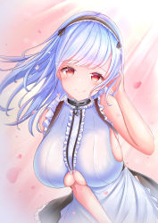 Rule 34 | 1girl, anchor choker, apron, arm up, azur lane, bare shoulders, black hairband, blush, breasts, center frills, choker, cleavage, clothing cutout, dido (azur lane), dress, earrings, frilled apron, frilled choker, frills, gradient background, hairband, huge breasts, jewelry, lace-trimmed hairband, lace trim, large breasts, long hair, looking at viewer, maid, maid apron, nezumi (09261377), petals, pink background, red eyes, silver hair, sleeveless, smile, solo, underboob, underboob cutout, waist apron, white apron