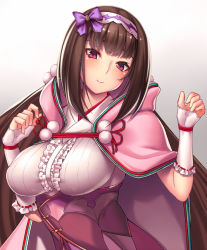 Rule 34 | 1girl, black hair, breasts, brown hair, cloak, fate/grand order, fate (series), gloves, gradient background, gradient hair, hairband, half gloves, hood, hood down, hooded cloak, large breasts, long hair, low twintails, multicolored hair, osakabehime (fate), purple eyes, red-framed eyewear, smile, solo, takanashi-a, twintails