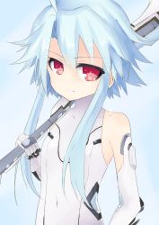 Rule 34 | 10s, 1girl, ahoge, axe, bad id, bad link, bad twitter id, blanc (neptunia), blue hair, buran buta, highres, looking at viewer, neptune (series), power symbol, power symbol-shaped pupils, red eyes, short hair with long locks, sidelocks, solo, symbol-shaped pupils, weapon, white heart (neptunia)