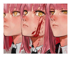 Rule 34 | 3girls, blood, blood on face, border, chainsaw man, closed mouth, half-closed eyes, highres, isshiki (ffmania7), looking at viewer, makima (chainsaw man), multiple girls, multiple persona, necktie, orange eyes, red hair, ringed eyes, shirt, sidelocks, signature, upper body, white border, white shirt