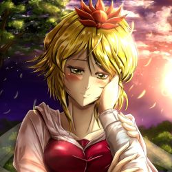 Rule 34 | 1girl, blonde hair, blush, collarbone, futagojima, hair ornament, hand on another&#039;s cheek, hand on another&#039;s face, head tilt, holding own arm, long sleeves, looking at viewer, nazrin, pov, pov hands, short hair, smile, solo focus, sunlight, toramaru shou, touhou, tree, upper body, yellow eyes