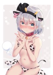 Rule 34 | 1girl, animal ears, animal print, bell, bikini, blue eyes, blush, breasts, closed mouth, commentary request, cow ears, cow horns, cow print, double v, ear tag, fake animal ears, fake horns, frown, highres, horns, konpaku youmu, konpaku youmu (ghost), looking at viewer, navel, neck bell, neck ribbon, otowa (otoha4634), outside border, print bikini, print socks, ribbon, short hair, silver hair, simple background, sitting, skindentation, small breasts, socks, solo, swimsuit, textless version, touhou, v, wariza, white background, white bikini, white socks