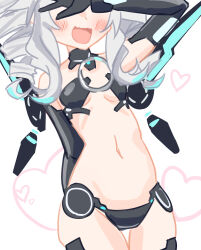 Rule 34 | 1girl, arm behind back, black sister, blush, breasts, covering face, drill hair, gloves, highres, navel, neptune (series), open mouth, small breasts, smile, solo, thighs, twin drills, white hair