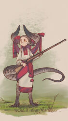 Rule 34 | 1girl, animal ears, animal legs, closed mouth, curled horns, dragon girl, dragon horns, dragon tail, dress, frown, full body, grass, grey hair, gun, hair pulled back, hand up, headdress, highres, holding, holding gun, holding weapon, horn ornament, horn ribbon, horns, kmbk, long sleeves, looking to the side, orange eyes, original, pom pom (clothes), red ribbon, ribbon, rifle, sash, short hair, slit pupils, solo, tail, weapon, white dress