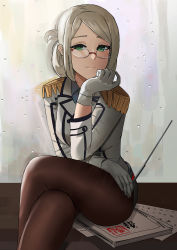 Rule 34 | 1girl, absurdres, buttons, crossed legs, double-breasted, epaulettes, folded ponytail, glasses, gloves, green eyes, head rest, helmulibh, highres, kantai collection, katori (kancolle), light brown hair, light smile, looking at viewer, military, military uniform, pantyhose, pointer, riding crop, rimless eyewear, solo, swept bangs, uniform, white gloves, window