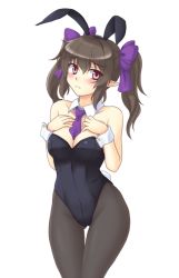 Rule 34 | 1girl, alternate costume, animal ears, bare shoulders, black hair, black pantyhose, blush, bow, breasts, cleavage, hair bow, himekaidou hatate, isaki (gomi), leotard, long hair, looking at viewer, pantyhose, playboy bunny, pointy ears, purple eyes, rabbit ears, rabbit tail, simple background, solo, tail, touhou, white background, wrist cuffs