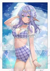 Rule 34 | 1girl, absurdres, arm at side, bikini, blue eyes, blue sky, border, bracelet, braid, braided sidelock, breasts, cleavage, cloud, cloudy sky, collarbone, commission, cowboy shot, cowlick, day, diadem, elf, groin, hair between eyes, hand in own hair, highres, horizon, ichihachiyon, jewelry, large breasts, legs apart, long hair, mountainous horizon, original, outdoors, outside border, pixiv commission, plaid, plaid bikini, pointy ears, purple bikini, purple hair, sidelocks, silhouette, sky, solo, stomach, straight hair, swimsuit, thick thighs, thighs, virtual youtuber, white border