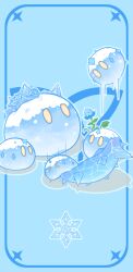 Rule 34 | &gt; &lt;, absurdres, blue background, blue border, blue flower, border, ccccrack, closed eyes, commentary request, flower, full body, genshin impact, highres, ice, ice crystal, mist flower, motion lines, no humans, outline, simple background, slime (creature), slime (genshin impact), snowflakes, solid oval eyes, triquetra, white outline