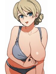 Rule 34 | 1girl, absurdres, blonde hair, blue eyes, breasts, darjeeling (girls und panzer), girls und panzer, highres, large breasts, leaning forward, lifted by self, looking at viewer, nipples, one breast out, onsen tamago (hs egg), short hair, simple background, solo, sports bra, underwear, white background