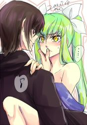 Rule 34 | ..., 2018, black kimono, blue kimono, bow, brown hair, c.c., code geass, collarbone, dated, eye contact, girl on top, green hair, hair between eyes, hair bow, japanese clothes, kimono, lelouch vi britannia, long hair, looking at another, musical note, off shoulder, purple eyes, roman buriki, signature, sketch, speech bubble, sweatdrop, twintails, very long hair, white bow, yellow eyes