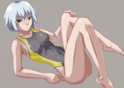 Rule 34 | 10s, 1girl, ben-tou, competition swimsuit, one-piece swimsuit, red eyes, silver hair, simple background, solo, swimsuit, tomoshiki, yarizui sen