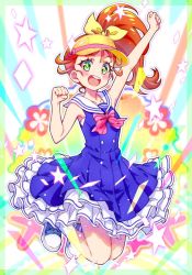 Rule 34 | 1girl, :d, arm up, bare arms, bare legs, blue dress, blush, bow, bowtie, brown hair, collarbone, dress, floating hair, full body, green eyes, hair bow, hat, hat bow, high ponytail, highres, jumping, kyoutsuugengo, layered dress, long hair, natsuumi manatsu, open mouth, pink bow, pink bowtie, precure, red bow, sailor collar, sailor dress, side ponytail, sleeveless, sleeveless dress, smile, socks, solo, striped bow, striped bowtie, striped clothes, tropical-rouge! precure, visor cap, white sailor collar, white socks, yellow bow