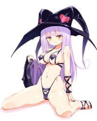 Rule 34 | 1girl, bikini, blush, breasts, covered erect nipples, cross-laced footwear, hat, highres, homura subaru, lillian (homura subaru), lillian ljungstrom, long hair, navel, original, purple hair, robe, sandals, silver hair, simple background, sitting, smile, solo, swimsuit, wariza, white background, witch hat, yellow eyes