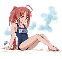 Rule 34 | 10s, 1girl, 2015, 4suke, ahoge, arms behind back, artist name, bare arms, bare legs, blush, dated, hair ornament, i-168 (kancolle), kantai collection, leaning back, long hair, name tag, one-piece swimsuit, ponytail, red eyes, red hair, school swimsuit, sitting, smile, solo, swimsuit