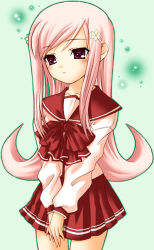 Rule 34 | 00s, 1girl, blush, bow, cowboy shot, flower, green background, hair flower, hair ornament, long sleeves, lowres, lucy maria misora, own hands together, pink eyes, pink hair, pleated skirt, red bow, red skirt, school uniform, shirt, simple background, skirt, solo, standing, to heart (series), to heart 2, v arms, white shirt