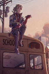 Rule 34 | 1boy, bandaid, bandaid on face, bandaid on nose, belt, blonde hair, blush, boots, bus, cloud, eating, ezreal, food, food on face, gloves, jacket, league of legends, male focus, necktie, outdoors, pants, pizza, ponytail, power lines, school bus, shirt, sitting, sky, solo, thigh strap, wenny02