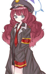 Rule 34 | 1girl, armband, black hat, black jacket, black shirt, blue archive, closed mouth, codename jaroa, collared shirt, commentary request, grey eyes, halo, hat, highres, iroha (blue archive), jacket, long hair, long sleeves, looking at viewer, necktie, open clothes, open jacket, peaked cap, red hair, red necktie, safety pin, shirt, simple background, sleeves past fingers, sleeves past wrists, solo, very long hair, white background