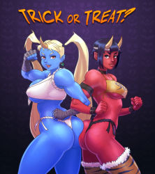 Rule 34 | 2girls, alternate color, ass, ass-to-ass, asymmetrical ass-to-ass, blonde hair, blue skin, breasts, chinese clothes, colored skin, dudou, fundoshi, halloween, highres, horns, japanese clothes, jiggeh, large breasts, locked arms, long hair, multiple girls, muscular, muscular female, no bra, pointy ears, rainbow mika, red skin, rope, rope thong, smile, street fighter, thighhighs, thighs, thong, twintails, underboob, very long hair, wedgie, yamato nadeshiko (street fighter)