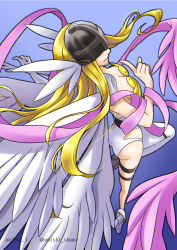 Rule 34 | 1girl, angel, angel wings, angewomon, armor, ass, asymmetrical clothes, bare arms, bare shoulders, belt, blonde hair, boots, breastplate, breasts, cleavage, collarbone, covered eyes, digimon, elbow gloves, facing viewer, feathered wings, feathers, gloves, head wings, helmet, high heel boots, high heels, highres, large breasts, long hair, looking back, multiple wings, pink ribbon, ribbon, single elbow glove, single glove, single pantsleg, smile, solo, thigh strap, very long hair, white gloves, white wings, wings, yukari (yukari21653710)