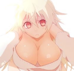 Rule 34 | 1girl, :t, bare shoulders, blonde hair, blurry, blush, breasts, cleavage, closed mouth, dark-skinned female, dark skin, depth of field, detached sleeves, eyebrows, fate/grand order, fate/stay night, fate (series), genderswap, genderswap (mtf), gilgamesh-ko, gilgamesh (fate), hair between eyes, huge breasts, large breasts, long hair, looking at viewer, pouring, pout, red eyes, simple background, sketch, solo, sweater, syru p, tears, twitter username, white background
