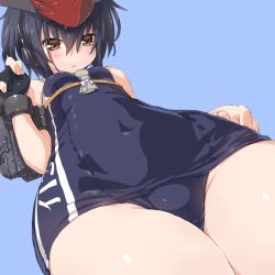 Rule 34 | 10s, 1girl, asymmetrical hair, black hair, blush, breasts, brown eyes, clothes writing, covered navel, dd (ijigendd), dutch angle, from below, gloves, hair between eyes, headphones, i-13 (kancolle), kantai collection, looking at viewer, one-piece swimsuit, open mouth, partially fingerless gloves, sailor collar, school swimsuit, shiny clothes, shiny skin, short hair, small breasts, solo, swimsuit, thighs, tsurime