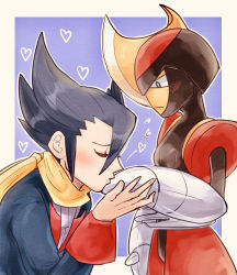 Rule 34 | 1boy, 1girl, bisharp, black eyes, black hair, black skin, blade, blue background, blue jacket, blush, border, breasts, bright pupils, closed eyes, closed mouth, colored skin, cowboy shot, creatures (company), embarrassed, flying sweatdrops, from side, game freak, gen 5 pokemon, grimsley (pokemon), half-closed eyes, hand up, heart, helmet, hetero, interspecies, jacket, kissing hand, long sleeves, looking at another, looking down, male focus, multiple boys, nintendo, penpi, pokemon, pokemon (creature), pokemon bw, pokephilia, profile, red skin, scarf, shirt, short hair, sidelocks, simple background, small breasts, standing, u u, upper body, white pupils, white shirt, yellow border, yellow scarf, yellow skin