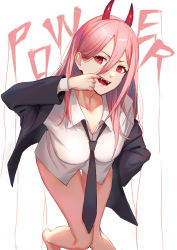 Rule 34 | + +, 1girl, :d, absurdres, barefoot, bent over, black jacket, black necktie, bottomless, breasts, chainsaw man, character name, cleavage, collarbone, collared shirt, cross-shaped pupils, dejio, dress shirt, fangs, highres, horns, jacket, long hair, looking at viewer, medium breasts, necktie, open clothes, open jacket, open mouth, pink hair, power (chainsaw man), red eyes, shirt, smile, solo, straight hair, symbol-shaped pupils, thigh gap, white background, white shirt, wing collar