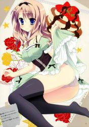 Rule 34 | 1girl, absurdres, ass, black thighhighs, blue eyes, blush, brown hair, chocolate, clothes lift, commentary, curly hair, dress, dress lift, food, frills, from above, fruit, green dress, highres, legs, long hair, looking at viewer, looking up, lying, note, on side, pancake, panties, petticoat, sesena yau, strawberry, syrup, tareme, thighhighs, translation request, underwear, white panties