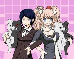 Rule 34 | 2girls, 2others, arm up, black ribbon, black shirt, blonde hair, blue eyes, bow, bra, breast pocket, breasts, brown coat, brown jacket, brown skirt, cleavage, coat, collarbone, danganronpa: trigger happy havoc, danganronpa (series), danganronpa 3 (anime), enoshima junko, eyebrows hidden by hair, freckles, grey eyes, hair bow, hair ornament, hand up, hands on own hips, holding, holding stuffed animal, holding stuffed toy, ikusaba mukuro, jacket, lace, lace-trimmed bra, lace trim, large breasts, locked arms, long hair, long sleeves, looking at viewer, medium breasts, medium hair, monokuma, multicolored background, multicolored bow, multiple girls, multiple others, neck ribbon, necktie, pale skin, partially unbuttoned, patterned background, pink background, pleated skirt, pocket, purple background, rabbit hair ornament, red bow, red skirt, ribbon, shirt, short sleeves, siblings, simple background, sisters, skirt, smile, stuffed animal, stuffed toy, teddy bear, torso, twins, twintails, underwear, upper body, white bow, white neckwear, white shirt