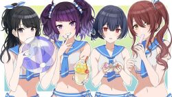 Rule 34 | 4girls, armpit crease, ball, beachball, bikini, black hair, blue nails, blue neckerchief, blue sailor collar, blunt bangs, blush, border, bow, bow bikini, breasts, brown hair, collarbone, comiket 102, commentary, cup, cupping hands, diagonal bangs, eating, food, game cg, gradient background, gradient hair, grin, hair between eyes, hair bow, hair ornament, hair ribbon, half updo, hand up, head tilt, holding, holding ball, holding beachball, holding cup, holding food, idolmaster, idolmaster shiny colors, incoming drink, kazano hiori, long hair, looking at viewer, matching outfits, morino rinze, multicolored hair, multicolored nails, multiple girls, nail polish, navel, neckerchief, official art, osaki tenka, outline, outside border, own hands together, parted lips, ponytail, popsicle, purple eyes, purple hair, purple lips, red eyes, ribbon, sailor bikini, sailor collar, sailor swimsuit (idolmaster), shell, short twintails, side ponytail, sidelocks, simple background, small breasts, smile, stomach, swimsuit, tanaka mamimi, twintails, updo, upper body, wavy hair, white bikini, white border, white nails, white outline, yellow eyes