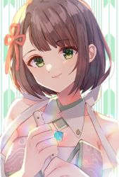 Rule 34 | 1girl, bare shoulders, brown hair, closed mouth, collarbone, edamameoka, green eyes, hands up, head tilt, highres, holding, looking at viewer, miyabi (xenoblade), short hair, smile, solo, xenoblade chronicles (series), xenoblade chronicles 3, yagasuri