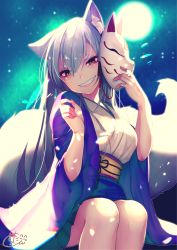 Rule 34 | 1girl, animal ear fluff, animal ears, blue hakama, breasts, chita (ketchup), commentary request, fox ears, fox girl, fox mask, fox tail, grin, hair between eyes, hakama, hakama short skirt, hakama skirt, head tilt, highres, holding, holding mask, japanese clothes, kimono, long hair, looking at viewer, mask, mask on head, medium breasts, obi, original, red eyes, sash, short kimono, short sleeves, signature, silver hair, sitting, skirt, smile, solo, tail, tail raised, thick eyebrows, very long hair, white kimono, wide sleeves