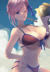Rule 34 | 1girl, american flag bikini, american flag print, asymmetrical hair, bikini, blue eyes, blue ribbon, blue sky, bowl, breasts, chalice, chopsticks, chopsticks in mouth, cleavage, cloud, cup, decoske decco, fate/grand order, fate (series), flag print, food, groin, hair ribbon, hand on own hip, hand up, highres, holding, holding bowl, large breasts, looking at viewer, miyamoto musashi (fate), miyamoto musashi (fate/grand order), miyamoto musashi (swimsuit berserker) (fate), miyamoto musashi (swimsuit berserker) (second ascension) (fate), mouth hold, navel, no jacket, one eye closed, pink hair, print bikini, ribbon, sky, solo, stomach, strap gap, swimsuit, twitter username, underboob, v-shaped eyebrows