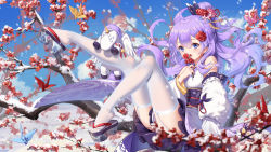 Rule 34 | 1girl, azur lane, bare shoulders, blue eyes, blue hair, breasts, clothes between thighs, cloud, cloudy sky, commentary request, detached sleeves, floating hair, flower, flower request, garter belt, geta, gradient hair, hair between eyes, hair flower, hair ornament, haneru, highres, holding, holding flower, in tree, japanese clothes, kimono, legs up, looking at viewer, medium hair, multicolored hair, origami, paper crane, purple hair, purple skirt, sitting, sitting in tree, skirt, sky, sleeveless, sleeveless kimono, small breasts, snow, solo, thighhighs, tree, unicorn, unicorn (azur lane), unicorn (prayer of plum and snow) (azur lane), white kimono, white sleeves, white thighhighs