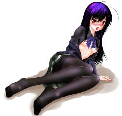 Rule 34 | 10s, 1girl, accel world, antenna hair, bad id, bad pixiv id, blush, bow, breasts, kuroyukihime, long hair, looking at viewer, lying, nipples, no bra, no shoes, on side, open clothes, open mouth, open shirt, pantyhose, purple hair, sakurajousui neko, saliva, school uniform, shirt, skirt, small breasts, solo, sweat, tears, white background