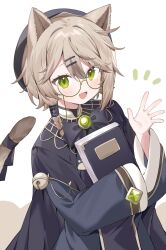 Rule 34 | 1girl, animal ears, blush, book, brown hair, cat ears, cat girl, cat tail, commission, fang, glasses, green-framed eyewear, green eyes, hair ornament, hairclip, highres, holding, holding book, indie virtual youtuber, inuyayo, long sleeves, mole, mole under eye, nuida miizu, open mouth, round eyewear, short hair, short sleeves, skeb commission, skin fang, smile, solo, tail, virtual youtuber