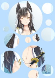 Rule 34 | 1girl, animal ears, aqua background, atago (azur lane), azur lane, black hair, border, bottomless, bow, breasts, brown eyes, bubble filter, cigar cat, cleavage, closed mouth, collarbone, commentary request, cowboy shot, extra ears, hair between eyes, hair ribbon, highres, holding, holding sword, holding weapon, jacket, katana, large breasts, light particles, long hair, long sleeves, looking at viewer, military, military uniform, mole, mole under eye, navel, open clothes, open jacket, ribbon, signature, smile, solo, standing, swept bangs, sword, uniform, weapon, white bow, white jacket, white ribbon