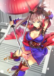 Rule 34 | 1girl, armpits, blue eyes, breasts, cleavage, fate/grand order, fate (series), full body, hair between eyes, holding, holding sword, holding weapon, keigen hichou, large breasts, light purple hair, long hair, miyamoto musashi (fate), miyamoto musashi (second ascension) (fate), sheath, smile, solo, stairs, sword, thighs, throwing hat, unsheathing, weapon