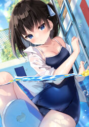 Rule 34 | 1girl, between breasts, black hair, blue eyes, blue one-piece swimsuit, blush, breasts, cleavage, expressionless, highres, irori, knee up, ladder, medium breasts, no pants, off shoulder, one-piece swimsuit, open clothes, open shirt, original, partially submerged, pool, ribbon, school swimsuit, shirt, short hair, side ponytail, small breasts, solo, strap between breasts, swimsuit, swimsuit under clothes, thighs, water, wet, wet clothes, wet shirt, white shirt