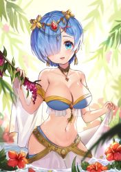 Rule 34 | 1girl, alternate costume, bad id, bad pixiv id, bare shoulders, blue eyes, blue hair, blurry, breasts, cleavage, collarbone, dancer, depth of field, earrings, flower, food, fruit, gem, grapes, hair ornament, hair over one eye, hibiscus, highres, hip vent, jewelry, large breasts, lerome, looking at viewer, navel, neck ring, necklace, open mouth, re:zero kara hajimeru isekai seikatsu, red flower, red gemstone, rem (re:zero), revealing clothes, short hair, smile, solo, stomach, wading, water, wet