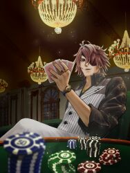 Rule 34 | 1boy, absurdres, brown eyes, brown hair, card, casino, chandelier, eyepatch, gilbert redford, highres, holding, holding card, indoors, jewelry, looking at viewer, male focus, messy hair, necklace, okado ruka, pants, pinstripe pattern, pinstripe shirt, piofiore no bansho, poker chip, ring, shirt, sitting, solo, striped, watch, white pants, wristwatch