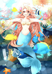Rule 34 | 1girl, :d, absurdres, ahoge, bad id, bad pixiv id, breasts, brown hair, cleavage, coral, fish, heart, heart ahoge, highres, jellyfish, long hair, medium breasts, mermaid, monster girl, navel, open mouth, original, outstretched arms, red eyes, shell, shell bikini, smile, solo, starfish, tail, underwater, very long hair, yuragiyura