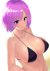 Rule 34 | 1girl, arms at sides, bare shoulders, bikini, black bikini, blush, breasts, cleavage, collarbone, commentary, expressionless, eyelashes, eyes visible through hair, fate/grand order, fate (series), groin, halterneck, highres, large breasts, looking away, looking to the side, mash kyrielight, navel, parted lips, purple eyes, purple hair, short hair, sideboob, simple background, skindentation, solo, stomach, swimsuit, underboob, wet, wet clothes, wet hair, wet swimsuit, white background, xiaodi