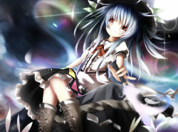 Rule 34 | 1girl, blue hair, boots, cross-laced footwear, dress, female focus, hat, hinanawi tenshi, lace-up boots, long hair, red eyes, rock, rope, seal (animal), shimenawa, sitting, sitting on rock, smile, solo, touhou, umagenzin, white dress
