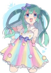 Rule 34 | 1girl, :d, blue bow, blue eyes, blunt bangs, blunt ends, blush, bow, commentary request, cropped legs, detached collar, frilled skirt, frills, green hair, hair bow, hand on own hip, highres, idol clothes, long hair, looking at viewer, marueri, open mouth, pretty series, pripara, puffy short sleeves, puffy sleeves, see-through, see-through sleeves, short sleeves, skirt, smile, solo, standing, star (symbol), star print, tsukikawa chili, two side up, v-shaped eyebrows, white background