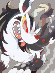 Rule 34 | akadako, animal focus, claws, colored sclera, creatures (company), game freak, gen 3 pokemon, grey background, mightyena, nintendo, no humans, one-hour drawing challenge, open mouth, pokemon, pokemon (creature), red eyes, sharp teeth, simple background, slit pupils, solo, teeth, tongue, tongue out, yellow sclera