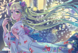 Rule 34 | 1girl, aerial fireworks, fireworks, flower, green eyes, green hair, hair flower, hair ornament, hatsune miku, japanese clothes, jin young-in, kimono, long hair, matching hair/eyes, microphone, microphone stand, music, night, open mouth, paper lamp, singing, solo, twintails, very long hair, vintage microphone, vocaloid