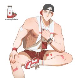 Rule 34 | 1boy, abs, ankle, backwards hat, bandages, bare arms, bare shoulders, baseball cap, biceps, bracelet, clothes pull, ear piercing, elbow rest, food, fruit, hair through headwear, hand on own knee, hat, highres, jewelry, leg up, looking afar, male focus, muscular, muscular male, nipple slip, nipples, original, pectorals, piercing, pouch, punim410, ring, shirt, shirt pull, shoes, short hair, short shorts, shorts, sidepec, sitting, sleeveless, sleeveless shirt, sneakers, solo, spread legs, strawberry, strawberry milk, striped clothes, striped legwear, striped shirt, striped shorts, thighs, very short hair, watch, white background, white hair, wristband, wristwatch