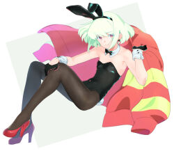 Rule 34 | 1boy, alternate costume, animal ears, black bow, black bowtie, black gloves, black leotard, black pantyhose, bow, bowtie, covered navel, crossdressing, detached collar, earrings, fake animal ears, fake tail, firefighter jacket, floating, floating hair, gloves, green hair, half gloves, hand on own knee, high heels, jacket, jewelry, leotard, lio fotia, looking at viewer, male focus, male playboy bunny, ns1123, pantyhose, promare, purple eyes, rabbit ears, rabbit tail, red footwear, red jacket, short hair, sidelocks, smile, solo, tail, trap, triangle earrings, white background, white wrist cuffs, wrist cuffs